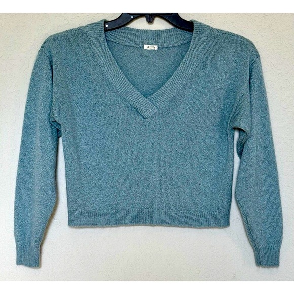 GARAGE Sweater Womens Sz XS  Teal V Neck Pullover Cropped Knit Lightweight Top - Picture 1 of 6